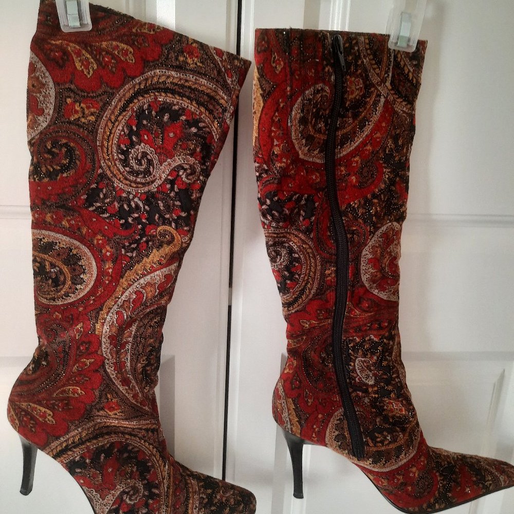 Boots, knee high, Tapestry look knee high boots, size 6B, 3" stiletto  heel.